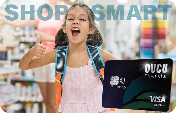 A little girl and mother back to school shopping and using a OUCU credit card for cash back